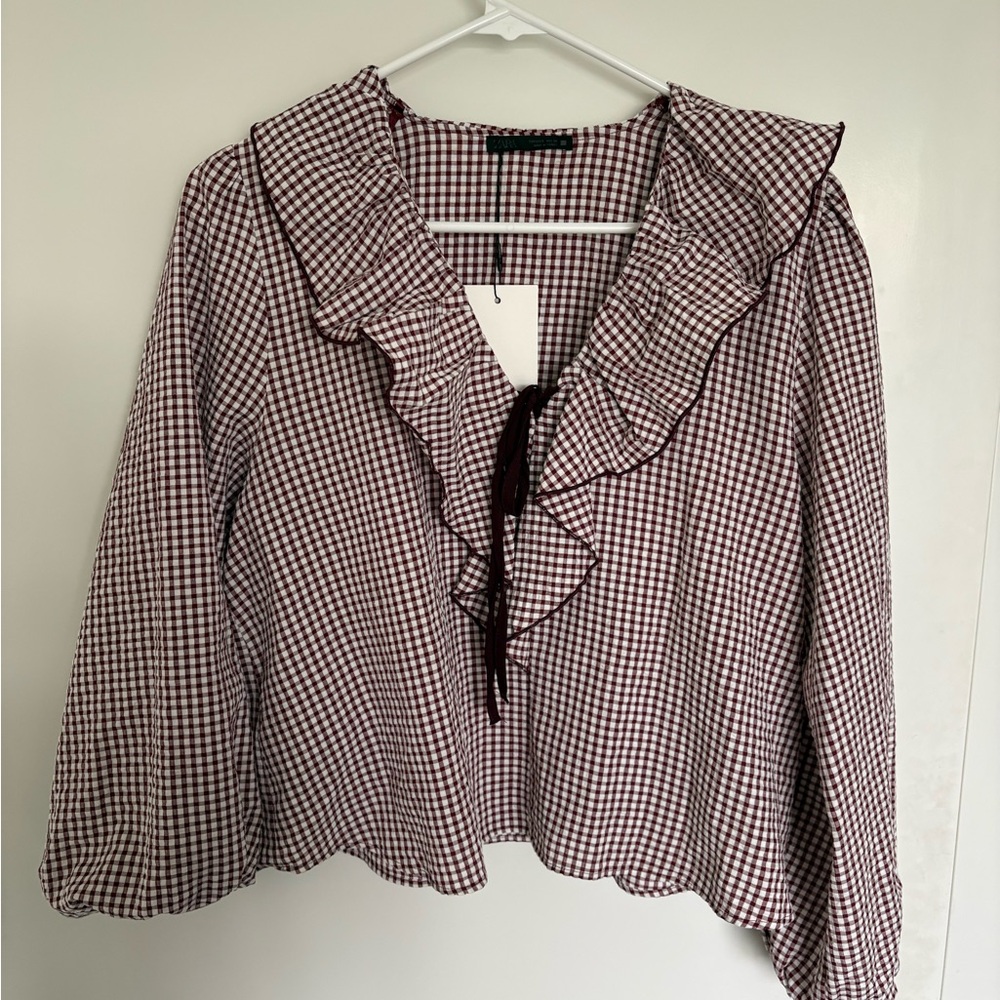 Zara Burgundy and White Gingham Ruffle Tie-Front Blouse